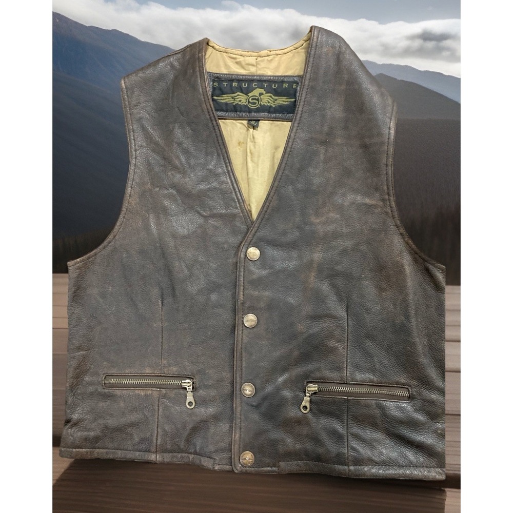 Structure Leather Vest Mens Med Distressed Biker Western Zip Pockets Vintage